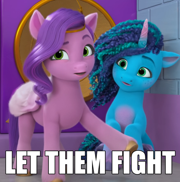 Size: 1444x1455 | Tagged: safe, derpibooru import, edit, edited screencap, screencap, pipp petals, pegasus, pony, unicorn, g5, my little pony: make your mark, my little pony: make your mark chapter 2, spoiler:g5, spoiler:my little pony: make your mark, spoiler:my little pony: make your mark chapter 2, spoiler:mymc02e07, cropped, duo, duo female, female, hoof done it?, horn, image, mane melody (location), mare, misty brightdawn, png, raised hoof, speaker, text, text edit