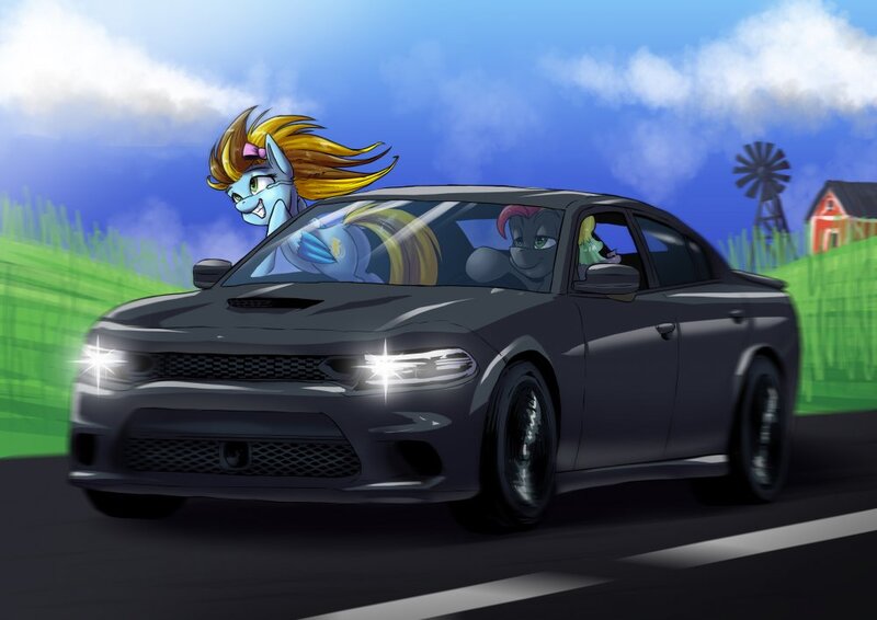 Size: 1000x707 | Tagged: safe, artist:sonicpegasus, derpibooru import, oc, oc:lucky bolt, oc:sliding bolt, unofficial characters only, pegasus, pony, bow, car, commission, complex background, dodge (car), dodge charger, driving, female, hair bow, happy, highway, image, jpeg, male, vehicle, wind, windswept mane