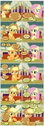 Size: 868x2436 | Tagged: safe, artist:dziadek1990, derpibooru import, edit, edited screencap, screencap, applejack, fluttershy, earth pony, pegasus, pony, the saddle row review, cafe, comic, conversation, dialogue, female, food, fork, g4, image, indoors, mare, pie, plate, png, screencap comic, seat, table, text