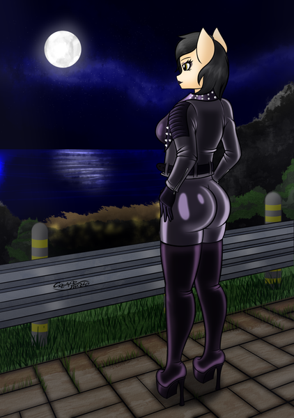 Size: 900x1280 | Tagged: suggestive, artist:creatorworld, ponerpics import, oc, unofficial characters only, anthro, breasts, butt, choker, clothes, female, gloves, high heels, image, latex, latex suit, night, png, shoes, spiked choker