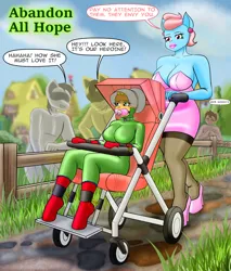 Size: 1088x1280 | Tagged: suggestive, artist:creatorworld, ponerpics import, applejack, cup cake, anthro, abandon all hope, bondage mitts, breasts, clothes, female, food, gloves, high heels, image, jpeg, latex, latex suit, pacifier, shoes, swing