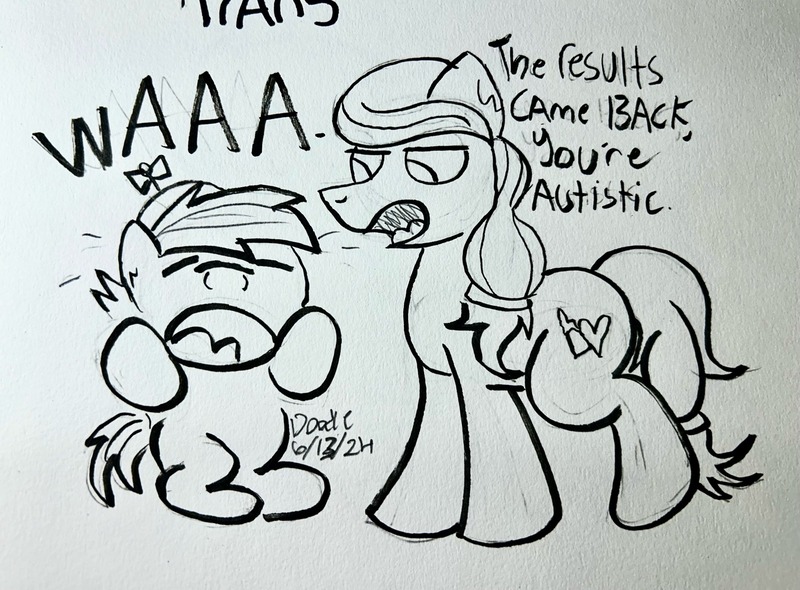 Size: 2047x1510 | Tagged: safe, artist:doodle-doodie-doo, derpibooru import, button mash, oc, oc:cream heart, earth pony, pony, autism, comedy, crying, image, jpeg, paper, traditional art