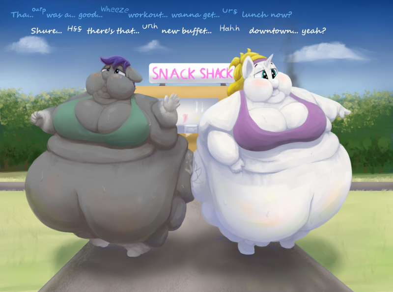 Size: 3025x2249 | Tagged: suggestive, artist:lupin quill, derpibooru import, oc, oc:midnight blossom, oc:snow veil, unofficial characters only, anthro, bat pony, unguligrade anthro, unicorn, series:workout malfunction (weight gain), anthro oc, bat pony oc, bat wings, belly, belly button, big belly, big breasts, bingo wings, blushing, bra, breasts, cankles, cleavage, clothes, duo, duo female, exercise, fast food, fat, fat fetish, female, females only, fetish, food, horn, image, large butt, lineless, morbidly obese, multichin, obese, open mouth, png, rolls of fat, sports bra, sweat, sweatband, sweatdrop, thighs, thunder thighs, underwear, weight gain, weight gain sequence, wide hips, wings, workout, workout outfit