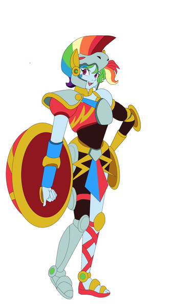 Size: 1505x2706 | Tagged: safe, artist:rockmangurlx, derpibooru import, rainbow dash, human, robot, equestria girls, armor, female, g4, helmet, image, looking at you, mega man (series), megaman, open mouth, open smile, png, robot master, roboticization, ruby spears, shield, simple background, smiling, smiling at you, solo, white background