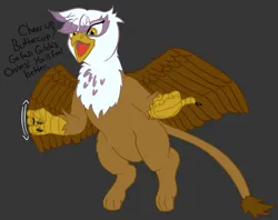 Size: 786x624 | Tagged: artist needed, suggestive, gilda, gryphon, beak, flying, gesturing, gray background, hand gesture, image, jerk off encouragement, looking down, open beak, open mouth, png, pointing, simple background, solo, talking