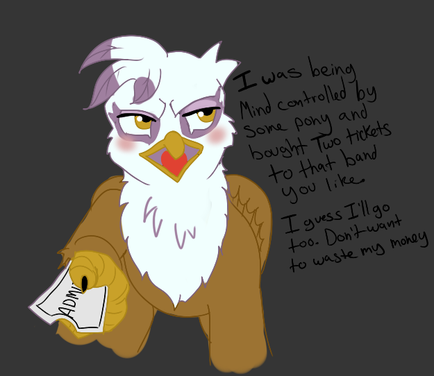 Size: 625x542 | Tagged: artist needed, safe, gilda, gryphon, blushing, embarrassed, female, frown, gray background, handing over, image, inviting, looking away, png, simple background, solo, talking to viewer, ticket