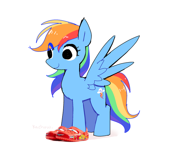 Size: 1798x1643 | Tagged: safe, artist:syrupyyy, derpibooru import, rainbow dash, pegasus, pony, crocs, eye clipping through hair, female, g4, image, lightning mcqueen, mare, no iris, png, simple background, smiling, solo, spread wings, white background, wings