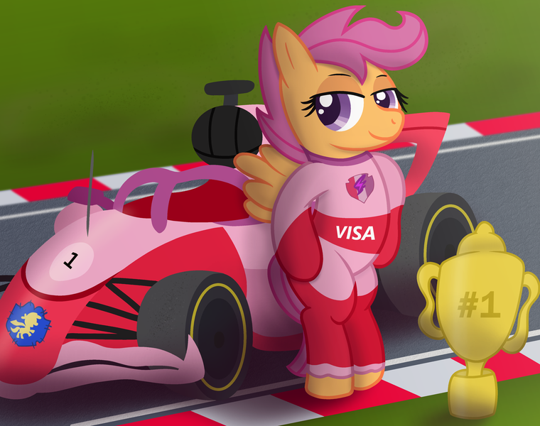 Size: 3500x2763 | Tagged: safe, artist:sweetielover, derpibooru import, apple bloom, scootaloo, sweetie belle, pegasus, pony, atg 2024, bipedal, car, clothes, cup, cutie mark, cutie mark crusaders, cutie mark on clothes, female, formula 1, g4, high res, image, newbie artist training grounds, png, racing suit, solo, spread wings, standing, track, trophy, wings