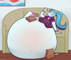 Size: 1280x1084 | Tagged: suggestive, artist:theneverwere, derpibooru import, sonata dusk, human, equestria girls, belly, belly button, big belly, breasts, couch, drool, fat, female, food, g4, huge belly, hyper, hyper belly, image, impossibly large belly, jpeg, solo, solo female, sonataco, sonatubby, taco