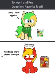 Size: 580x784 | Tagged: safe, artist:elianrandomworks, derpibooru import, oc, oc:april, oc:fez, unofficial characters only, earth pony, pony, pony town, spoiler:comic, ask, duo, image, png, simple background, solo, white background