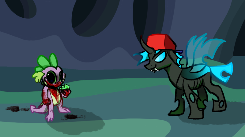 Size: 1280x720 | Tagged: semi-grimdark, artist:kennedysalivawolf, derpibooru import, spike, changeling, dragon, pony, blood, boyfriend (friday night funkin), cap, changeling hive, creepy, creepy smile, creepypasta, curved horn, evil spike, fangs, friday night funkin', g4, gem, hat, horn, image, implied death, implied murder, male, mario madness, png, smiling, spread wings, stallion, turmoil, wings