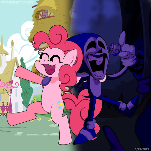 Size: 1280x1280 | Tagged: safe, artist:michaelsegura, derpibooru import, pinkie pie, earth pony, pony, bipedal, clothes, crossover, duo, duo male and female, eyes closed, eyes open, female, forest, forest background, friday night funkin', fun is infinite, g4, gloves, image, jpeg, majin, majin sonic, male, mare, microphone, nature, open mouth, open smile, ponyville, shoes, smiling, sonic cd, sonic the hedgehog, sonic the hedgehog (series), teeth, tree, video game, video game crossover