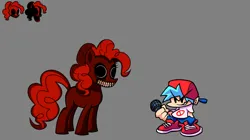 Size: 1280x719 | Tagged: semi-grimdark, artist:michaelsegura, derpibooru import, pinkie pie, earth pony, human, pony, blue hair, boyfriend (friday night funkin), cap, clothes, concept, creepy, creepypasta, female, friday night funkin', g4, gray background, gritted teeth, hat, icon, image, jpeg, mare, microphone, shirt, shoes, simple background, teeth, video game crossover, zalgo, zalgo pie