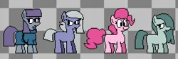 Size: 1280x432 | Tagged: safe, artist:randomguy20034, derpibooru import, limestone pie, marble pie, maud pie, pinkie pie, earth pony, pony, checkered background, female, frown, g4, image, jpeg, mare, missing cutie mark, pie sisters, pixel art, pizza tower, sad, siblings, sisters, smiling, sprite