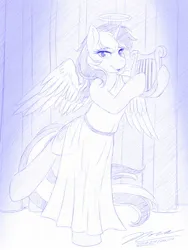 Size: 1440x1920 | Tagged: safe, artist:novaintellus, derpibooru import, lyra heartstrings, pony, semi-anthro, unicorn, bipedal, halo, horn, image, jpeg, lyre, monochrome, musical instrument, smiling, solo, traditional art