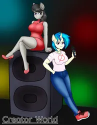 Size: 995x1280 | Tagged: safe, artist:creatorworld, ponerpics import, octavia melody, vinyl scratch, anthro, breasts, clothes, female, friday night funkin', high heels, image, jpeg, latex, looking at you, shoes