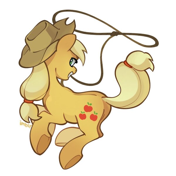 Size: 945x945 | Tagged: safe, artist:imbir, derpibooru import, applejack, earth pony, pony, female, image, jpeg, lasso, looking at you, looking back, looking back at you, mare, mouth hold, rope, simple background, solo, white background