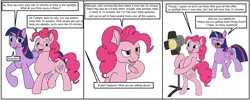 Size: 10000x4014 | Tagged: safe, artist:termyotter, derpibooru import, pinkie pie, twilight sparkle, twilight sparkle (alicorn), alicorn, earth pony, pony, atg 2024, bipedal, breaking the fourth wall, confused, dialogue, duo, duo female, female, fourth wall, g4, image, jpeg, mare, newbie artist training grounds, open mouth, open smile, smiling, speech bubble, spotlight