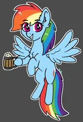 Size: 452x659 | Tagged: safe, artist:harmonicglow, derpibooru import, rainbow dash, pegasus, pony, apple cider, cider, cider mug, eye clipping through hair, eyebrows, eyebrows visible through hair, female, flying, foam, g4, gray background, image, jpeg, looking at you, mare, mug, signature, simple background, smiling, smiling at you, solo, spread wings, that pony sure does love cider, wings