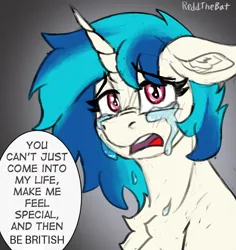 Size: 1302x1378 | Tagged: safe, artist:reddthebat, derpibooru import, vinyl scratch, pony, unicorn, blush lines, blushing, britavia, british, bust, chest fluff, colored sketch, crying, dialogue, ear fluff, eyebrows, eyebrows visible through hair, eyelashes, female, floppy ears, fluffy, g4, gradient background, horn, image, implied lesbian, implied octavia melody, implied scratchtavia, implied shipping, looking at you, mare, meme, missing accessory, narrowed eyes, no glasses, open mouth, png, sad, signature, sketch, solo, speech bubble, talking to viewer, text