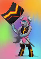 Size: 3832x5521 | Tagged: suggestive, artist:tacomytaco, derpibooru import, oc, oc:toxic plunge, unofficial characters only, hybrid, inflatable pony, original species, atomic wedgie, barely pony related, briefs, bunny ears, clothes, flag, gradient background, image, inflatable, male, png, pride, pride flag, rabbit pony, rubber pride flag, see-through, smiling, socks, solo, solo male, stockings, thigh highs, underwear, wedgie