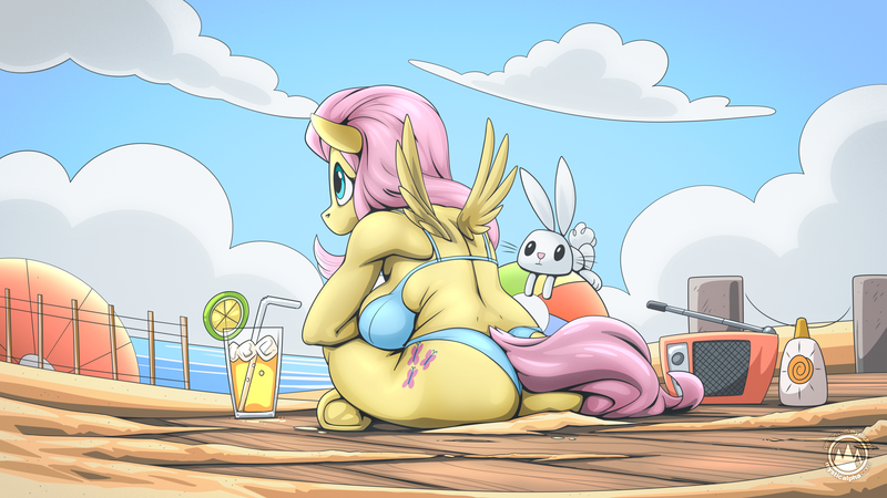 Size: 2560x1440 | Tagged: suggestive, alternate version, artist:mysticalpha, derpibooru import, angel bunny, fluttershy, anthro, pegasus, pony, rabbit, unguligrade anthro, animal, ass, beach, beach ball, big breasts, bikini, bikini bottom, bikini top, breasts, busty fluttershy, butt, clothes, drink, drinking straw, duo, duo male and female, facing away, female, flutterbutt, g4, image, large butt, lime, male, mare, ocean, png, radio, rear view, sideboob, sitting, small wings, suntan lotion, swimsuit, thong swimsuit, water, wings