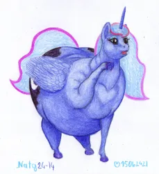 Size: 1200x1312 | Tagged: safe, artist:soobel, derpibooru import, princess luna, alicorn, pony, atg 2024, fat, image, jpeg, newbie artist training grounds, obese, open mouth, princess moonpig, raised hoof, solo, traditional art