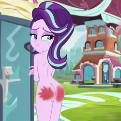 Size: 800x800 | Tagged: suggestive, ai content, derpibooru import, machine learning generated, prompter:desconhecido2000, starlight glimmer, human, equestria girls, ass, butt, crying, g4, glimmer glutes, image, jpeg, looking back, nudity, solo, spank mark, spanked