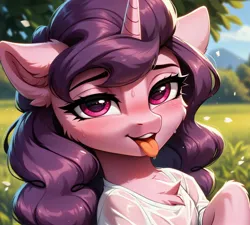 Size: 2128x1912 | Tagged: safe, ai content, derpibooru import, machine learning generated, prompter:midnightdashie, stable diffusion, sugar belle, pony, unicorn, g4, ahegao, bedroom eyes, cheek fluff, chest fluff, clothes, floppy ears, generator:pony diffusion v6 xl, horn, image, jpeg, looking at you, open mouth, outdoors, shirt, sweat, t-shirt, tongue out, wet clothes, wet shirt, wet t-shirt