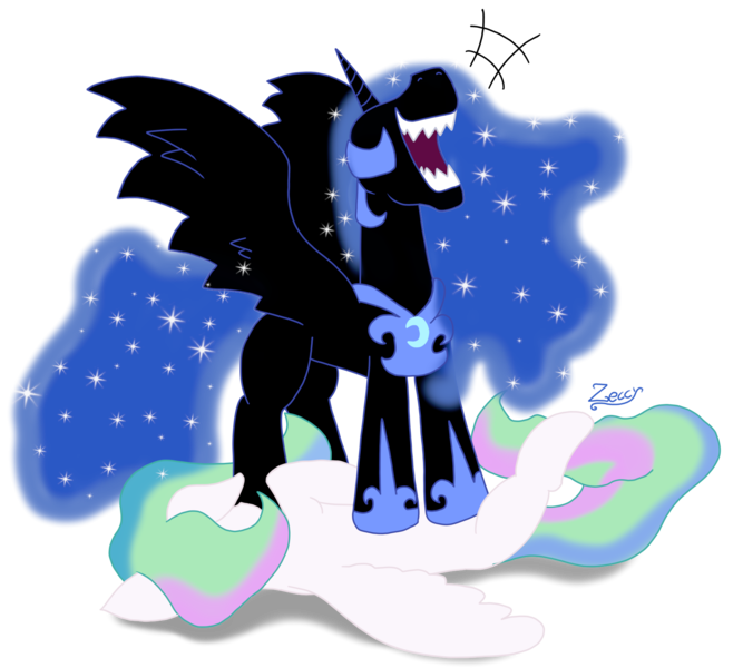 Size: 1852x1665 | Tagged: safe, artist:zeccy, derpibooru import, nightmare moon, princess celestia, alicorn, pony, atg 2024, defeated, duo, duo female, female, image, laughing, newbie artist training grounds, png, sharp teeth, simple background, teeth, transparent background