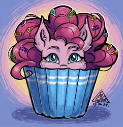 Size: 1983x2048 | Tagged: safe, artist:gigisarts, derpibooru import, pinkie pie, earth pony, pony, bust, food, image, jpeg, muffin, pinkie being pinkie, portrait, procreate app, signature, solo