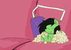 Size: 1967x1392 | Tagged: safe, artist:ponny, derpibooru import, oc, oc:anonfilly, unofficial characters only, earth pony, pony, colored, couch, couch potato, drink, eating, female, filly, foal, food, image, meep, png, popcorn, smol, soda, soda can, solo, tiny, tiny ponies