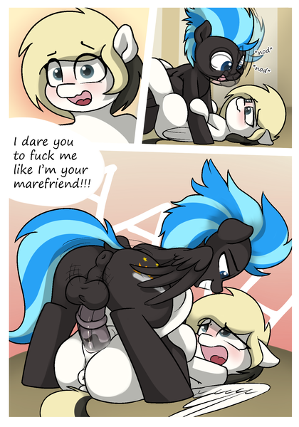 Size: 1400x2000 | Tagged: explicit, artist:vipy, derpibooru import, oc, oc:nimbus, oc:whiteout, unofficial characters only, pegasus, pony, comic:dare after dare, anus, balls, blushing, comic, dock, duo, duo male and female, female, horsecock, image, lying down, male, mating press, nodding, nudity, on back, on floor, penetration, penis, png, sex, speech bubble, straight, tail, vaginal