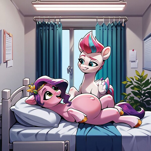 Size: 1200x1200 | Tagged: suggestive, ai content, derpibooru import, machine learning generated, prompter:shazamjr, stable diffusion, pipp petals, zipp storm, pegasus, pony, g5, bed, belly, big belly, duo, duo female, female, generator:pony diffusion v6 xl, hospital bed, image, incest, jpeg, lesbian, looking at each other, looking at someone, magical lesbian spawn, offspring, pipp preggo, pregnant, royal sisters (g5), ship:petalstorm, shipping, siblings, sisters