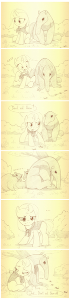 Size: 759x3258 | Tagged: safe, artist:sherwoodwhisper, derpibooru import, oc, oc:eri, unofficial characters only, ant, anteater, insect, pony, unicorn, cape, circle of life, clothes, crying, female, filly, foal, horn, image, jpeg, monochrome, mother and child, sad, speech bubble