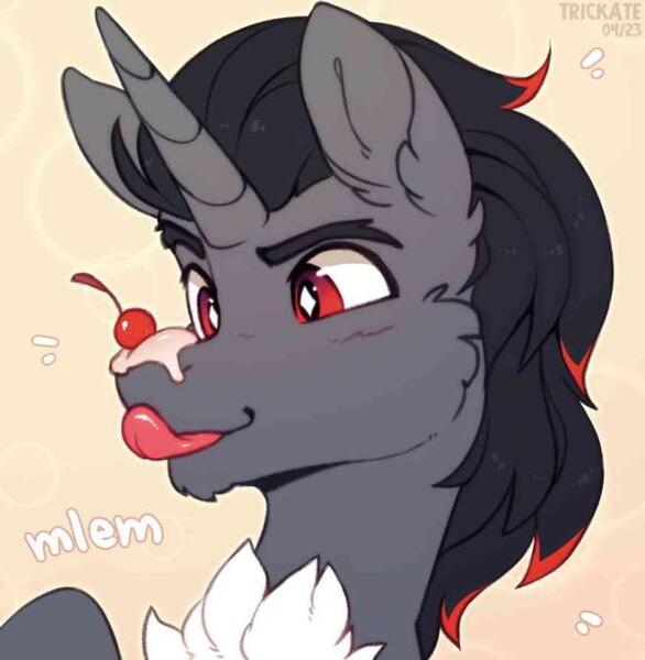 Size: 660x676 | Tagged: safe, artist:trickate, derpibooru import, oc, oc:supershadowth, unofficial characters only, pony, unicorn, bust, cheek fluff, cherry, chin fluff, ear fluff, food, food on face, horn, image, jpeg, male, mlem, not sombra, portrait, red eyes, silly, solo, stallion, tongue out