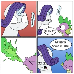 Size: 1600x1600 | Tagged: safe, artist:doodledonutart, derpibooru import, rarity, spike, dragon, pony, unicorn, 4 panel comic, atg 2024, comic, dialogue, dragonfire, duo, duo male and female, female, g4, grey hair, horn, image, magic, male, mare, newbie artist training grounds, png, speech bubble