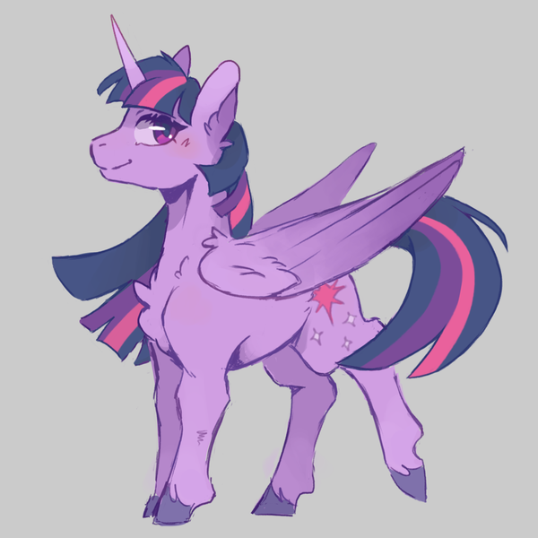 Size: 1768x1768 | Tagged: safe, artist:flaming-trash-can, derpibooru import, twilight sparkle, twilight sparkle (alicorn), alicorn, pony, chest fluff, g4, gray background, image, png, simple background, smiling, solo, unshorn fetlocks