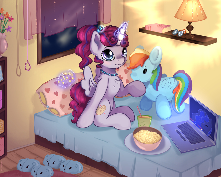 Size: 5000x4000 | Tagged: safe, artist:appleneedle, derpibooru import, princess luna, rainbow dash, oc, alicorn, pony, commission, cute, evening, flower, image, jpeg, lamp, magic, plushie, room, snacks