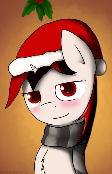 Size: 1092x1692 | Tagged: safe, artist:makc-hunter, derpibooru import, oc, oc:blackjack, unofficial characters only, pony, fallout equestria, fallout equestria: project horizons, bedroom eyes, blush lines, blushing, chest fluff, christmas, clothes, fanfic art, female, hat, holiday, horn, image, jpeg, mare, mistletoe, orange background, santa hat, scarf, simple background, small horn, smiling, striped scarf