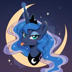 Size: 1024x1024 | Tagged: safe, ai content, derpibooru import, machine learning generated, prompter:gullveigai, stable diffusion, princess luna, alicorn, pony, :p, crescent moon, g4, generator:pony diffusion v6 xl, gradient background, image, magic, moon, png, solo, tongue out