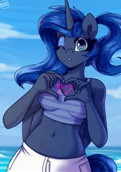 Size: 3300x4700 | Tagged: safe, artist:shadowreindeer, derpibooru import, princess luna, anthro, alternate hairstyle, beach, clothes, female, flowing mane, flowing tail, heart, heart hands, image, jpeg, looking at you, midriff, ocean, one eye closed, ponytail, solo, summer, sunlight, tail, tanktop, water, wink, winking at you