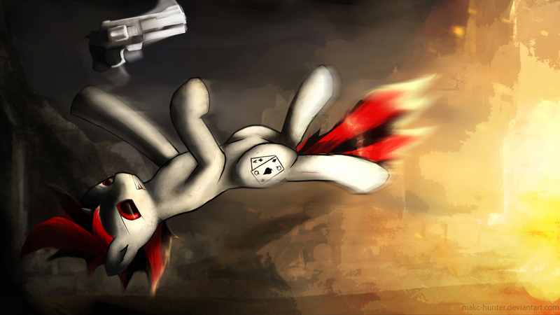 Size: 2000x1124 | Tagged: safe, artist:makc-hunter, derpibooru import, oc, oc:blackjack, unofficial characters only, pony, unicorn, fallout equestria, fallout equestria: project horizons, action pose, explosion, fanfic art, female, gritted teeth, gun, handgun, hidden horn, horn, image, jpeg, magic, mare, pistol, revolver, small horn, solo, teeth, telekinesis, unicorn oc, weapon