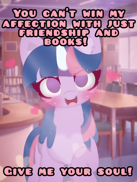 Size: 2043x2721 | Tagged: safe, artist:sodapop sprays, derpibooru import, twilight sparkle, twilight sparkle (alicorn), alicorn, pony, caption, chest fluff, commission, ear fluff, image, library, looking at you, meme, png, solo, text, your character here