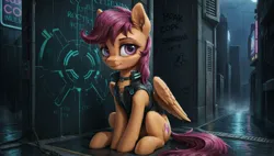 Size: 2560x1456 | Tagged: safe, ai content, derpibooru import, generator:pony realism 2.1, machine learning generated, scootaloo, pegasus, pony, alley, clothes, cyberpunk, dark, female, filly, foal, g4, graffiti, image, jacket, looking at you, mare, neon, night, png, prompter:siber, puddle, rain, sitting, solo, wet, wet mane