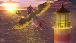 Size: 2560x1440 | Tagged: safe, artist:pikinas13, derpibooru import, oc, oc:radiopony, unofficial characters only, pegasus, pony, backlighting, flying, image, jpeg, lighthouse, not fluttershy, ocean, pegasus oc, ship, solo, spread wings, sun, water, wings