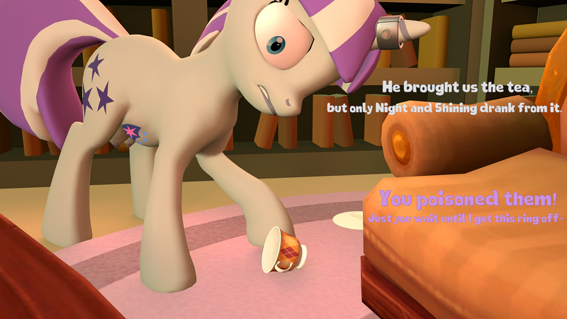 Size: 3840x2160 | Tagged: questionable, artist:olkategrin, twilight velvet, pony, unicorn, comic:no moaning in the library, 3d, big crotchboobs, book, bookshelf, couch, crotchboobs, cup, dialogue, english, female, g4, golden oaks library, high res, horn, horn ring, image, implied twilight sparkle, inhibitor ring, library, looking at someone, magic suppression, mare, nipples, nudity, out of frame, paternity mark, plate, png, pregnant, ring, room, scared, source filmmaker, standing, table, talking, wide eyes, worried