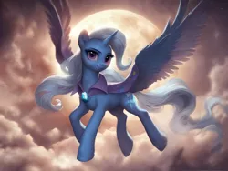 Size: 3200x2400 | Tagged: safe, ai content, derpibooru import, editor:derp621, machine learning generated, prompter:derp621, stable diffusion, trixie, alicorn, alicornified, cape, clothes, cloud, cloudy, g4, generator:pony diffusion v6 xl, image, jpeg, looking at you, moon, moonlight, prompt in description, race swap, solo, trixiecorn