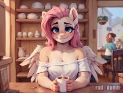 Size: 1024x768 | Tagged: safe, ai content, derpibooru import, machine learning generated, prompter:raif, fluttershy, anthro, human, pegasus, blushing, breasts, cafe, coffee, g4, humanized, image, jpeg, looking at you, smiling