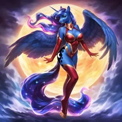 Size: 1024x1024 | Tagged: suggestive, ai content, derpibooru import, machine learning generated, stable diffusion, princess luna, alicorn, anthro, unguligrade anthro, big breasts, breasts, busty princess luna, cleavage, clothes, ethereal mane, ethereal tail, female, floating, g4, gloves, hoof shoes, image, long gloves, looking at you, moon, peytral, png, princess shoes, smiling, smiling at you, socks, solo, solo female, spread wings, starry mane, starry tail, super moon, superhero, superhero costume, tail, thigh highs, wings